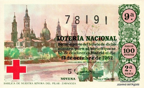 Décimo de Lotería Nacional de 1962 Sorteo 29 - BASÍLICA DE NUESTRA SEÑORA DEL PILAR - ZARAGOZA