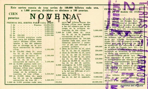 Reverso del décimo de Lotería Nacional de 1962 Sorteo 29