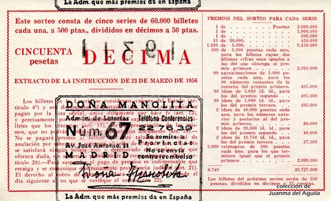 Reverso del décimo de Lotería Nacional de 1962 Sorteo 2