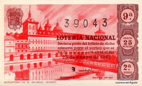 Décimo de Lotería Nacional de 1962 Sorteo 3 - MONASTERIO DE EL ESCORIAL - MADRID