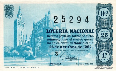 Décimo de Lotería Nacional de 1962 Sorteo 30 - CATEDRAL Y GIRALDA - SEVILLA