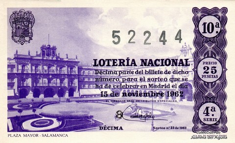 Décimo de Lotería Nacional de 1962 Sorteo 32 - PLAZA MAYOR - SALAMANCA