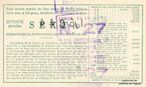 Reverso del décimo de Lotería Nacional de 1962 Sorteo 33
