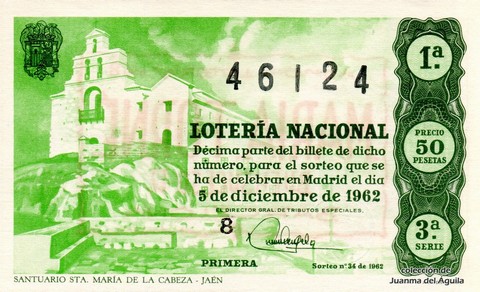 Décimo de Lotería Nacional de 1962 Sorteo 34 - SANTUARIO STA. MARÍA DE LA CABEZA - JAÉN
