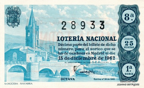 Décimo de Lotería Nacional de 1962 Sorteo 35 - SANGÜESA - NAVARRA