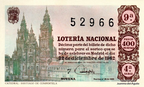Décimo de Lotería Nacional de 1962 Sorteo 36 - CATEDRAL - SANTIAGO DE COMPOSTELA