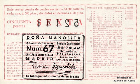 Reverso del décimo de Lotería Nacional de 1962 Sorteo 4