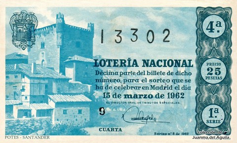 Décimo de Lotería Nacional de 1962 Sorteo 8 - POTES - SANTANDER
