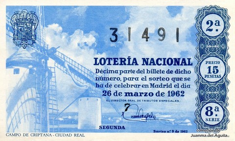 Décimo de Lotería Nacional de 1962 Sorteo 9 - CAMPO DE CRIPTANA - CIUDAD REAL