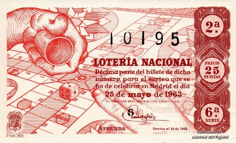 Décimo de Lotería Nacional de 1963 Sorteo 15 - PARCHÍS