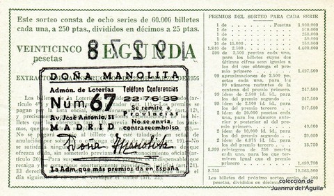 Reverso del décimo de Lotería Nacional de 1963 Sorteo 21