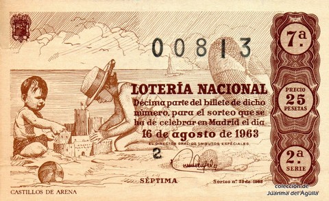 Décimo de Lotería Nacional de 1963 Sorteo 23 - CASTILLOS DE ARENA