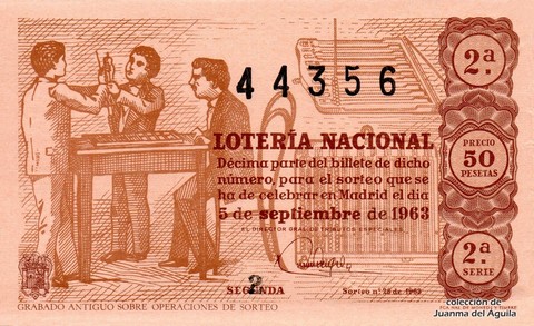 Décimo de Lotería Nacional de 1963 Sorteo 25 - GRABADO ANTIGUO SOBRE OPERACIONES DE SORTEO