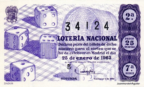 Décimo de Lotería Nacional de 1963 Sorteo 3 - DADOS