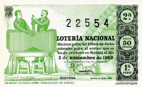 Décimo de Lotería Nacional de 1963 Sorteo 31 - GRABADO ANTIGUO SOBRE OPERACIONES DE SORTEO