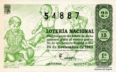 Décimo de Lotería Nacional de 1963 Sorteo 33 - TRES EN RAYA