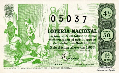 Décimo de Lotería Nacional de 1963 Sorteo 34 - EXPOSICIÓN DE NÚMEROS PREMIADOS EN LA LOTERÍA PRIMITIVA