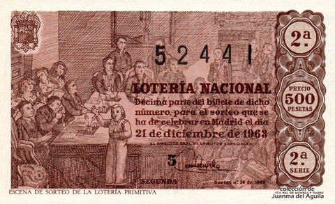 Décimo de Lotería Nacional de 1963 Sorteo 36 - ESCENA DE SORTEO DE LA LOTERÍA PRIMITIVA