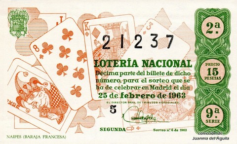 Décimo de Lotería Nacional de 1963 Sorteo 6 - NAIPES (BARAJA FRANCESA)