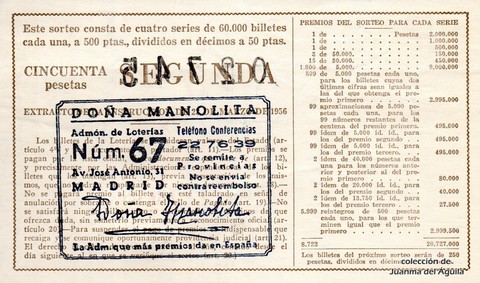 Reverso del décimo de Lotería Nacional de 1963 Sorteo 8