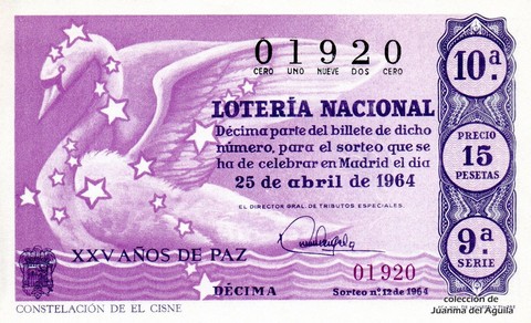 Décimo de Lotería Nacional de 1964 Sorteo 12 - CONSTELACIÓN DE EL CISNE