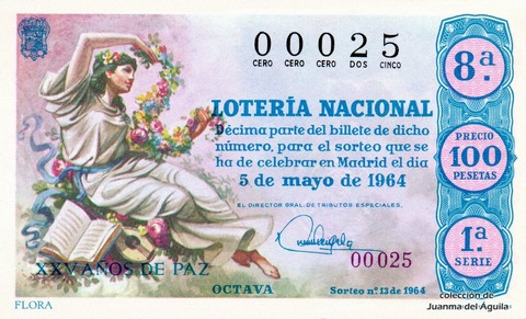 Décimo de Lotería Nacional de 1964 Sorteo 13 - FLORA