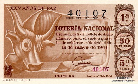 Décimo de Lotería Nacional de 1964 Sorteo 14 - ZODÍACO: TAURO
