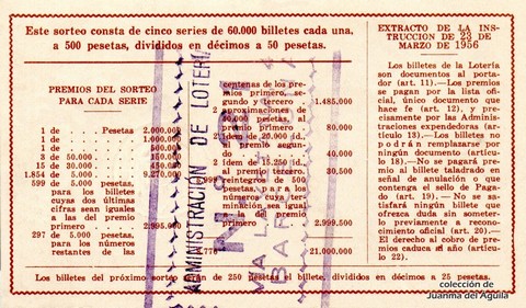 Reverso del décimo de Lotería Nacional de 1964 Sorteo 14