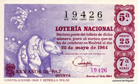 Décimo de Lotería Nacional de 1964 Sorteo 15 - CONSTELACIONES OSAS Y ESTRELLA POLAR