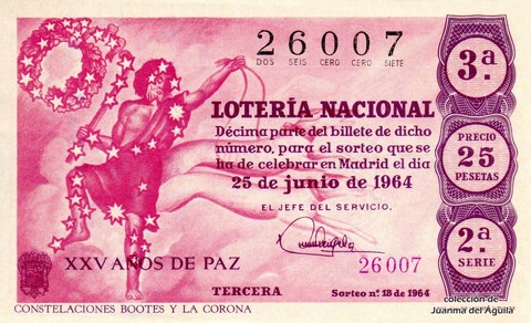 Décimo de Lotería Nacional de 1964 Sorteo 18 - CONSTELACIONES BOOTES Y LA CORONA