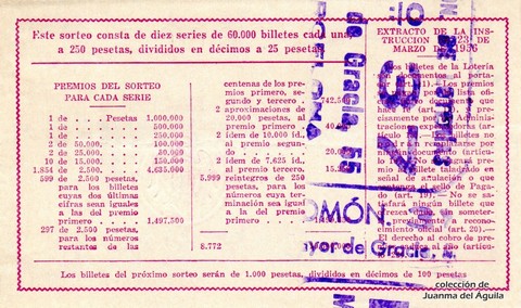 Reverso del décimo de Lotería Nacional de 1964 Sorteo 18