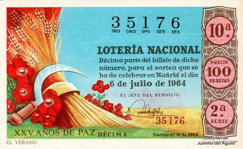 Décimo de Lotería Nacional de 1964 Sorteo 19 - EL VERANO