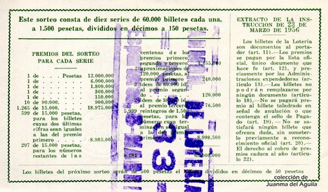 Reverso del décimo de Lotería Nacional de 1964 Sorteo 1