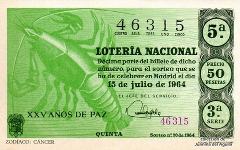 Décimo de Lotería Nacional de 1964 Sorteo 20 - ZODÍACO: CÁNCER
