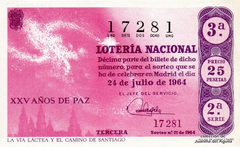 Décimo de Lotería Nacional de 1964 Sorteo 21 - LA VÍA LÁCTEA Y EL CAMINO DE SANTIAGO