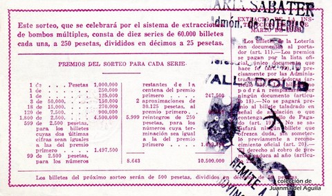 Reverso del décimo de Lotería Nacional de 1964 Sorteo 21