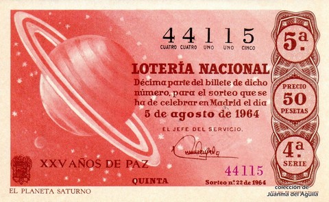 Décimo de Lotería Nacional de 1964 Sorteo 22 - EL PLANETA SATURNO