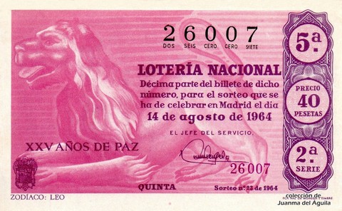 Décimo de Lotería Nacional de 1964 Sorteo 23 - ZODÍACO: LEO