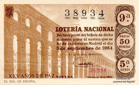 Décimo de Lotería Nacional de 1964 Sorteo 25 - EL SOL DE ESPAÑA.