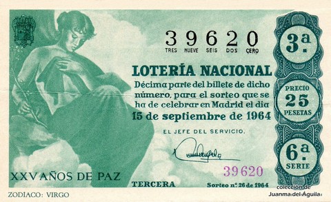 Décimo de Lotería Nacional de 1964 Sorteo 26 - ZODÍACO: VIRGO
