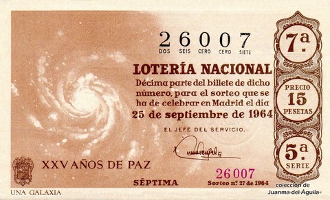 Décimo de Lotería Nacional de 1964 Sorteo 27 - UNA GALAXIA