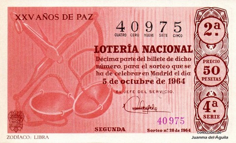 Décimo de Lotería Nacional de 1964 Sorteo 28 - ZODÍACO: LIBRA