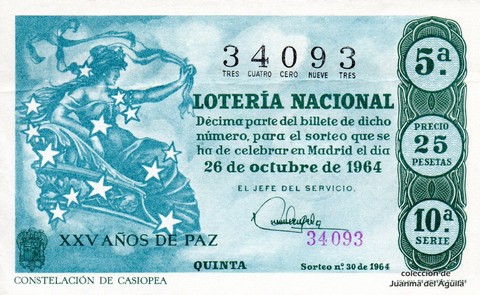 Décimo de Lotería Nacional de 1964 Sorteo 30 - CONSTELACIÓN DE CASIOPEA