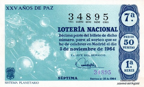 Décimo de Lotería Nacional de 1964 Sorteo 31 - SISTEMA PLANETARIO