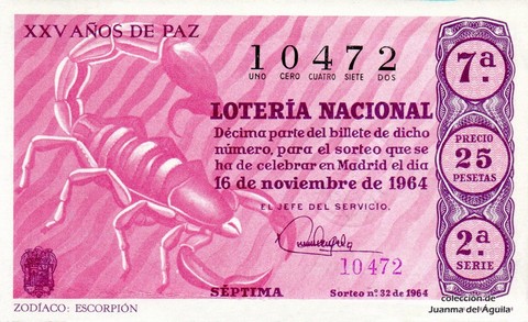 Décimo de Lotería Nacional de 1964 Sorteo 32 - ZODÍACO: ESCORPIÓN