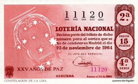 Décimo de Lotería Nacional de 1964 Sorteo 33 - CONSTELACIÓN DE LA LIRA