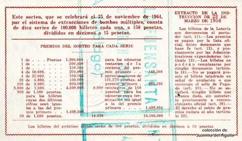 Reverso del décimo de Lotería Nacional de 1964 Sorteo 33