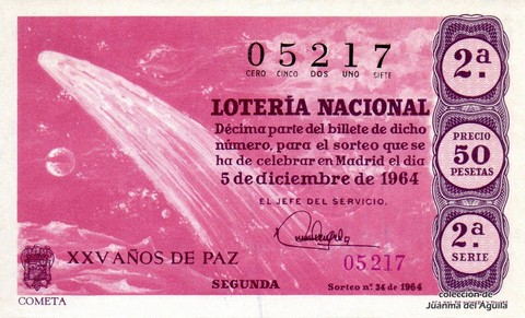 Décimo de Lotería Nacional de 1964 Sorteo 34 - COMETA
