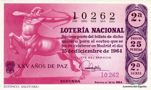 Décimo de Lotería Nacional de 1964 Sorteo 35 - ZODÍACO: SAGITARIO
