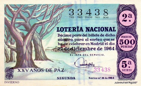 Décimo de Lotería Nacional de 1964 Sorteo 36 - INVIERNO